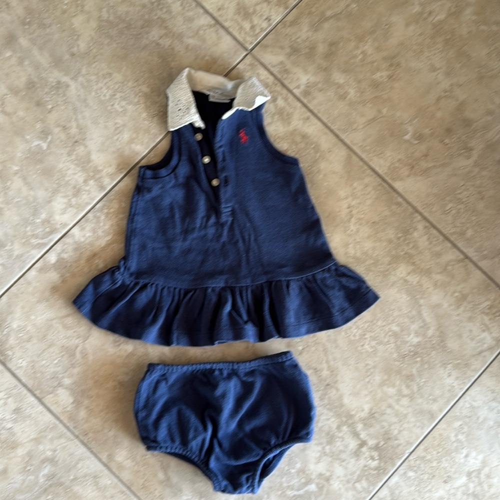 ralph lauren navy w/ cream lace collar dress and bloomers, Size 3M